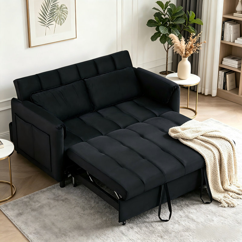Canapé-lit 52 po en velours convertible 3 en 1 avec poches latérales, Black
