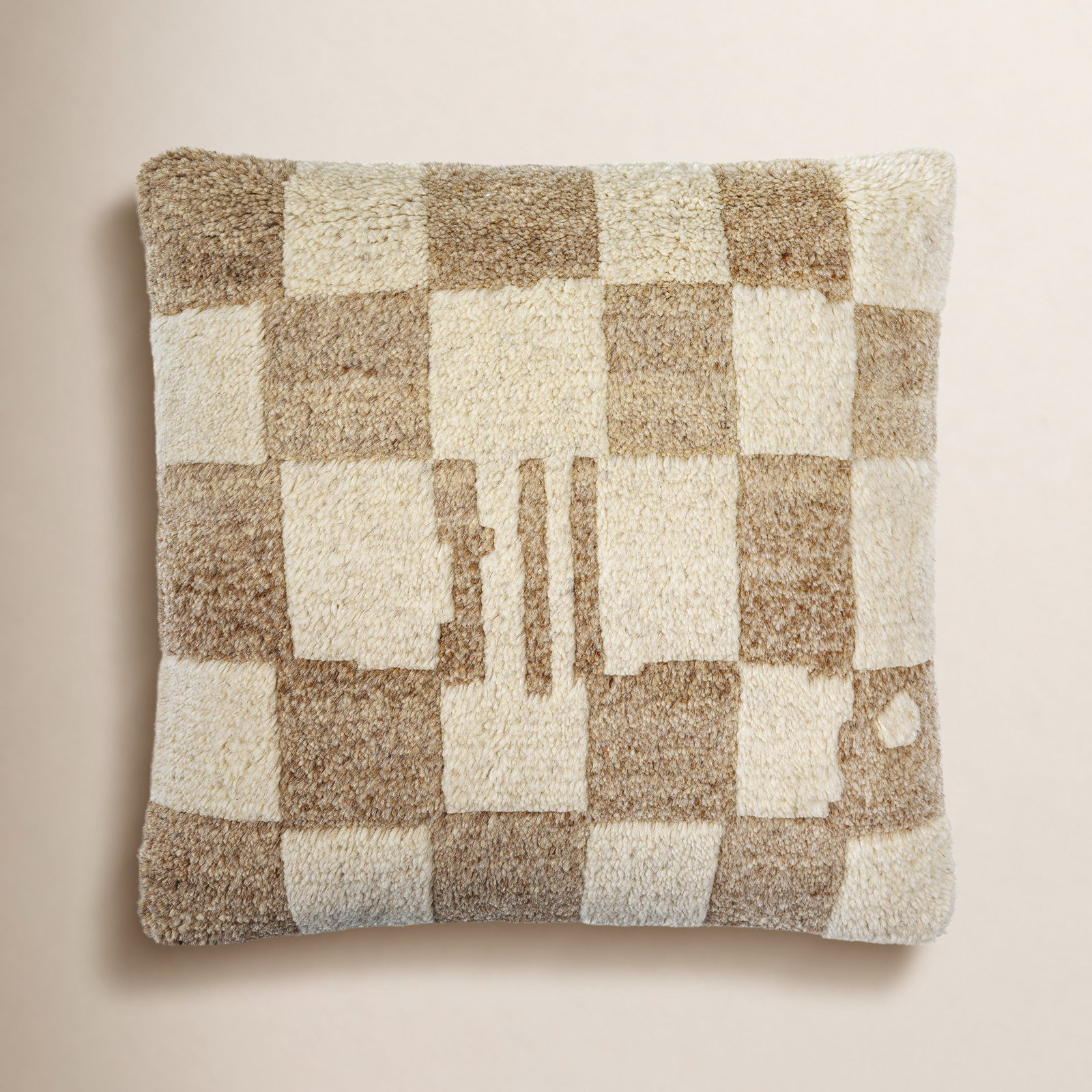 Raven Checkered Wool Throw Pillow, Down, 20" x 20", Ivory