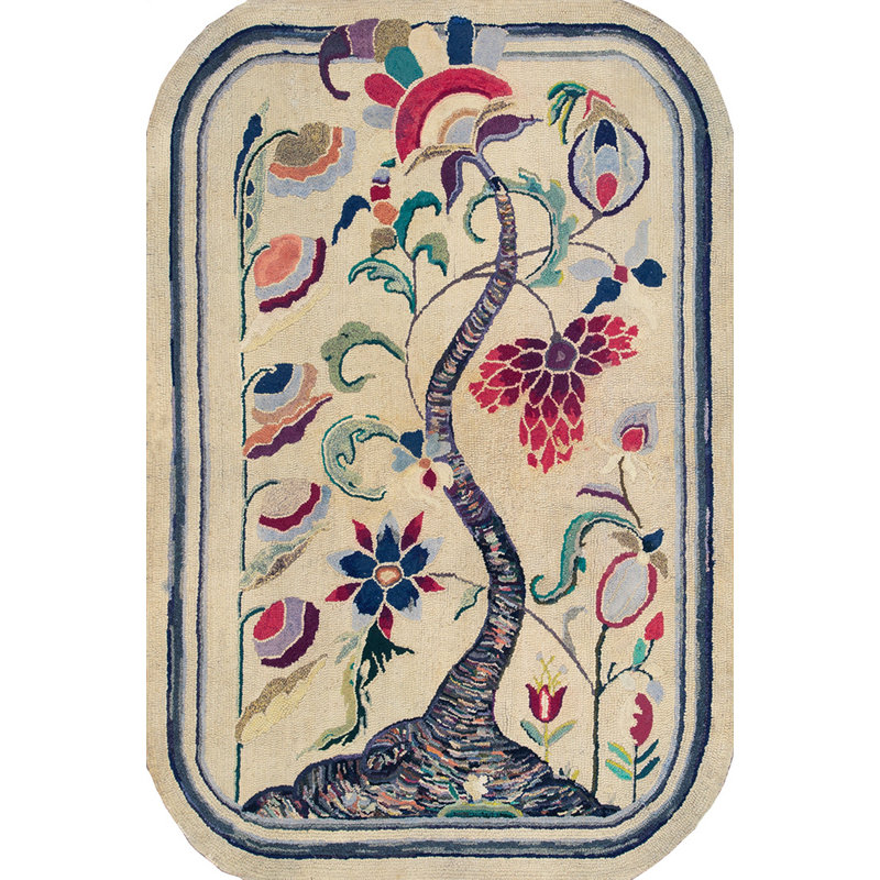 Ivory Artistic Antique Folk Art Tree Of Life Design American Hooked Rug
