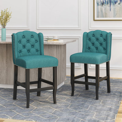 Vienna Contemporary Fabric Tufted Wingback 27 Inch Counter Stools, Set Of 2, Teal And Dark Brown