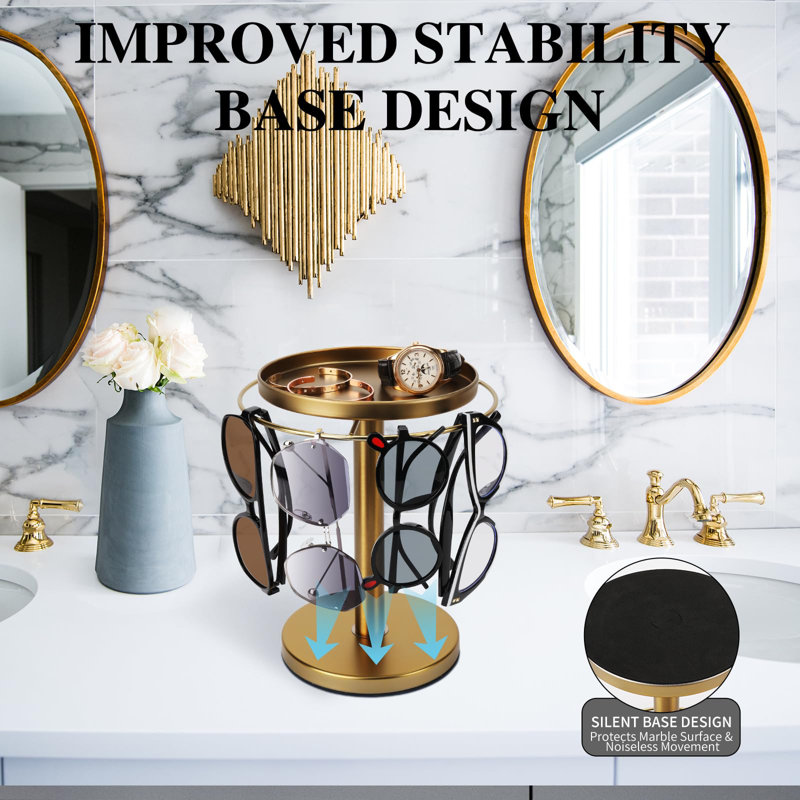 Rangement rotatif à 360 ° pour lunettes de soleil, support à lunettes en acier inoxydable, organisateur de lunettes avec plateau, table de chevet et décoration intérieure (doré)