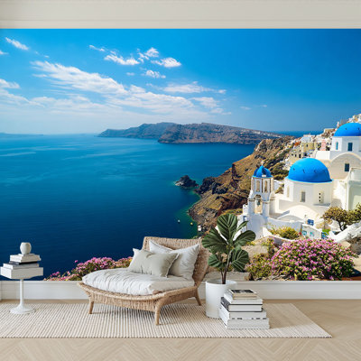 Peel and Stick Wallpaper 96" W x 69" H Modern Self Adhesive Wall Mural for Bedroom White Church Oia Town Santorini Island Greece Coastal Landscape