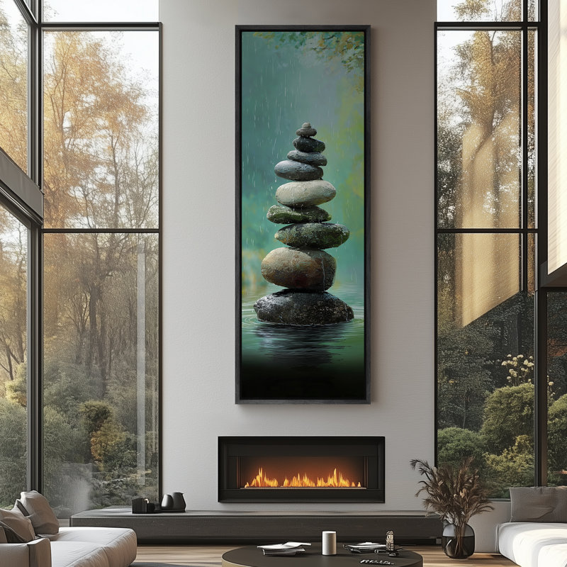 Zen, pierres empilées, réflexion de l'eau, spa, vertical, décoration murale, très grandes photos, impression sur toile encadrée