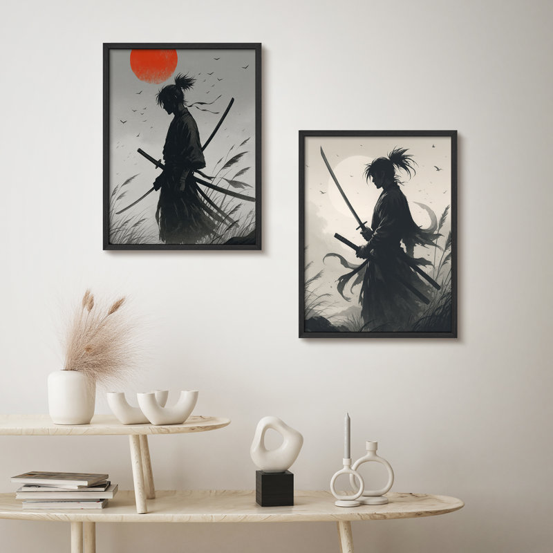 Samurai Warrior, ensemble de 2 reproductions d'art encadrées encadrées à l'encre japonaise, H 14 po x l 11 po, Naturel