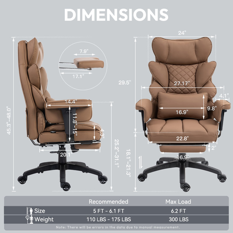 Big & Tall Office Chair - PU High Back Gaming/Executive Desk Chair with Pocket Spring Cushion, Adjustable Armrests, Lumbar Support & Footrest，Brown