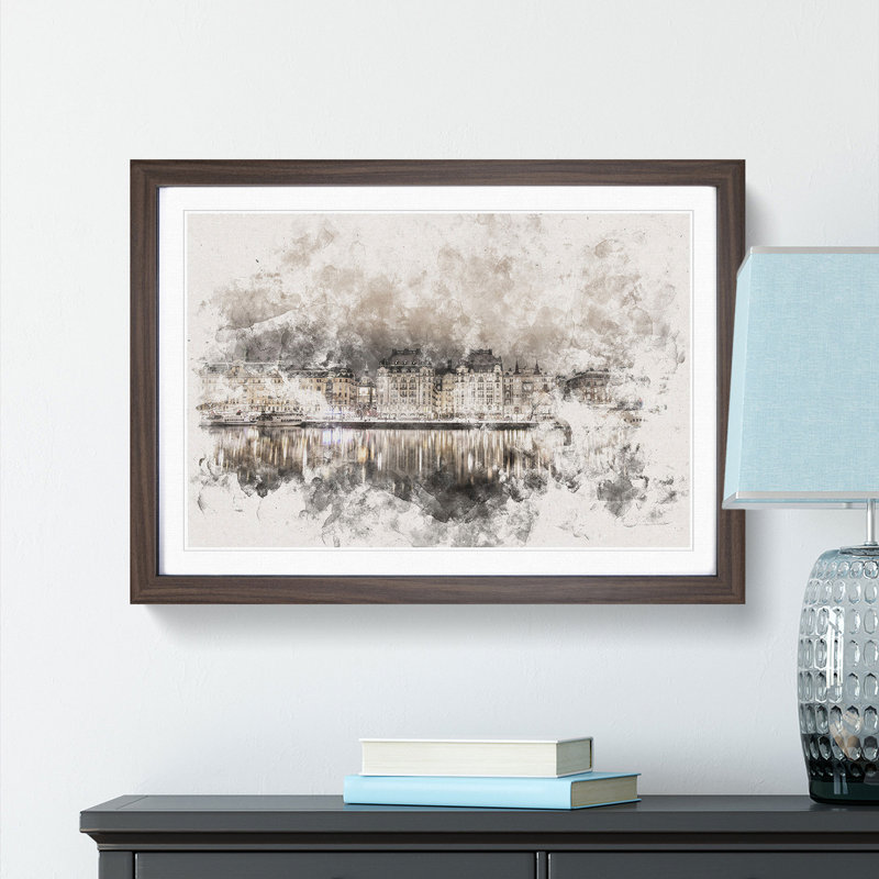 Reflection of Stockholm in Sweden - Picture Frame Painting Print, 24cm H x 33cm W x 2cm D, Walnut Framed