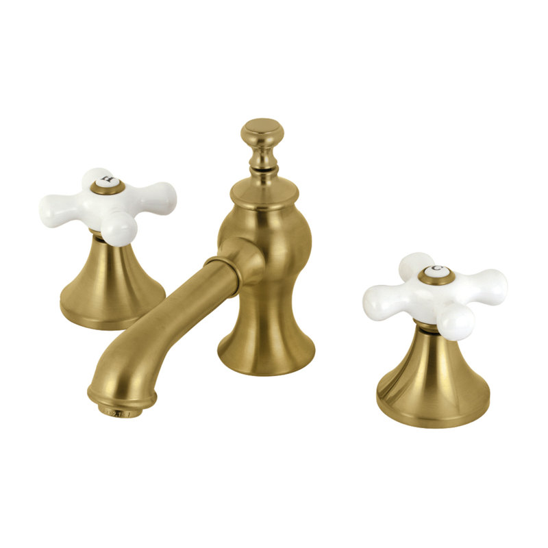 Kingston Brass Vintage Two-Handle 3-Hole Deck Mount Widespread Bathroom Faucet with Brass Pop-Up Drain, Brushed Brass