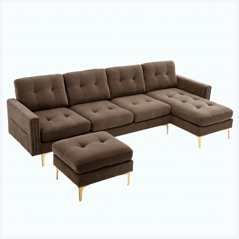 Canapé modulaire convertible en L de 110 po avec repose-pieds mobile pour salon, appartement, bureau, brun