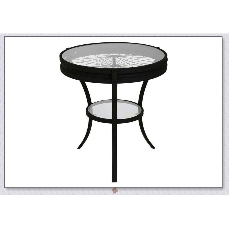 Table d'appoint ronde en verre trempé transparent avec base en métal noir, polyvalente pour une utilisation latérale, de bout ou de chevet