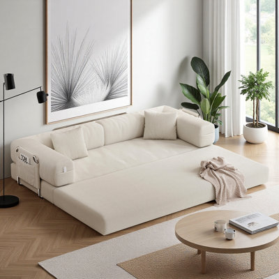 78.7-inch Extra-Large 5-in-1 Convertible Sofa Bed, tool-free assembly, frameless and slatless living room sofa, pet-friendly corduroy fabric, suitable for apartments and offices, includes 2 pillows, Beige
