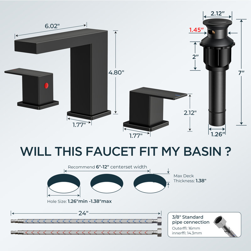 Widespread 2-handle Bathroom Faucet with Drain Assembly, Matte Black, 1.5