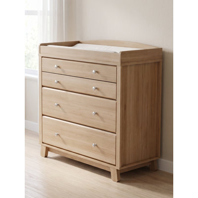 4 Drawers Changing Table Dresser for Nursery, Baby Dresser with Removable Changing Table Topper & Drawer Organizer Divider, Nursery Dresser Storage Chest for Small Spaces, 35.4”x17.7”x38”H, Natural Wood