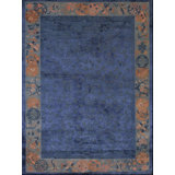 Blue Color Silk Pile Antique Minimalist Chinese Area Rug