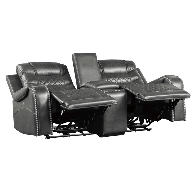Denby 77.5" Traditional Faux Leather Power Double Reclining Loveseat with Power Reclining Motion, Integrated Console with USB & Outlets