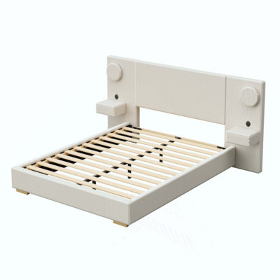 Upholstered Platform Bed with LED Circle Lights, USB Charging Ports & Side Storage Drawers