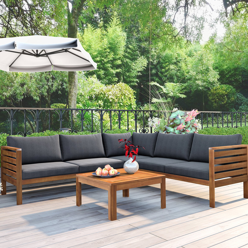 Ensemble de canapé d'extérieur à structure en bois avec coussins beiges Design exotique avec accessoires en métal robuste