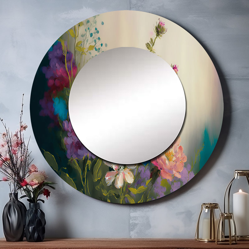Painted Blossoming Wildflowers III - grand miroir floral, décor de miroir mural rond unique crème, impression d'art en métal