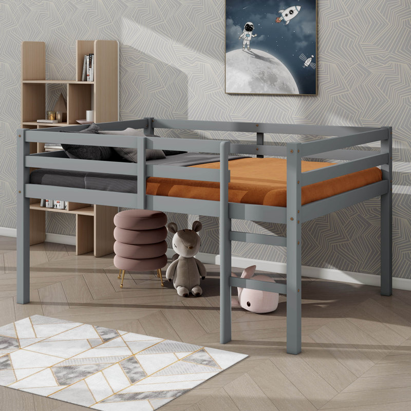 Full Size Bed Frame Compact Rubberwood Loft Bed With Steps, Gray