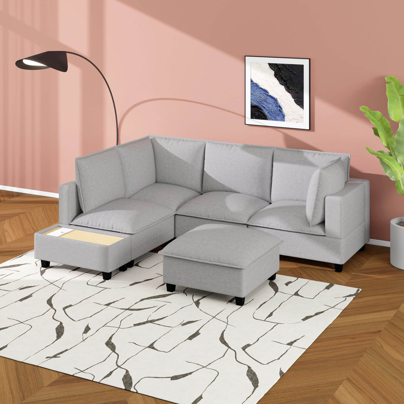 Ensemble de canapé modulaire moderne en chenille en U de 90 po, canapé modulaire avec repose-pieds mobile, table basse avec dispositifs de chargement cachés