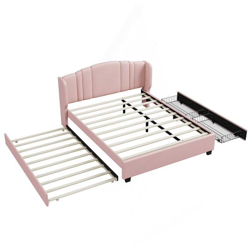 Lit plateforme tapissier à oreilles avec lit gigogne et tiroirs, Rose