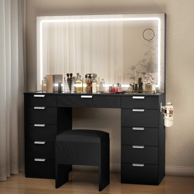 Cristella 11- Drawer Black Dressing Table with Mirror, Modern Makeup Vanity Table 