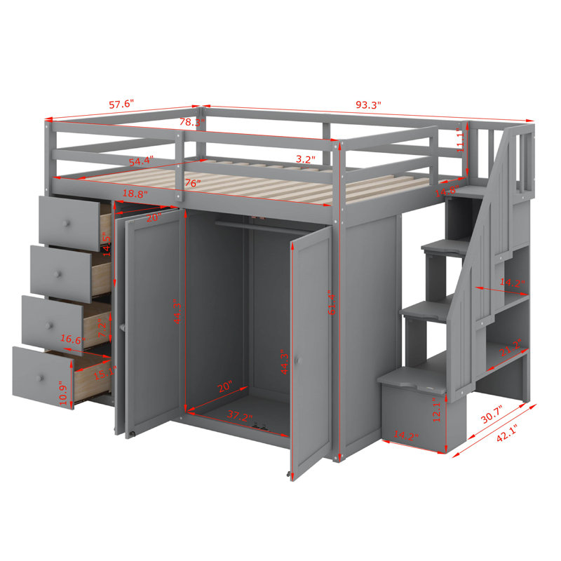 Lit mezzanine en bois pleine grandeur avec placards, armoires et tiroirs, Gris