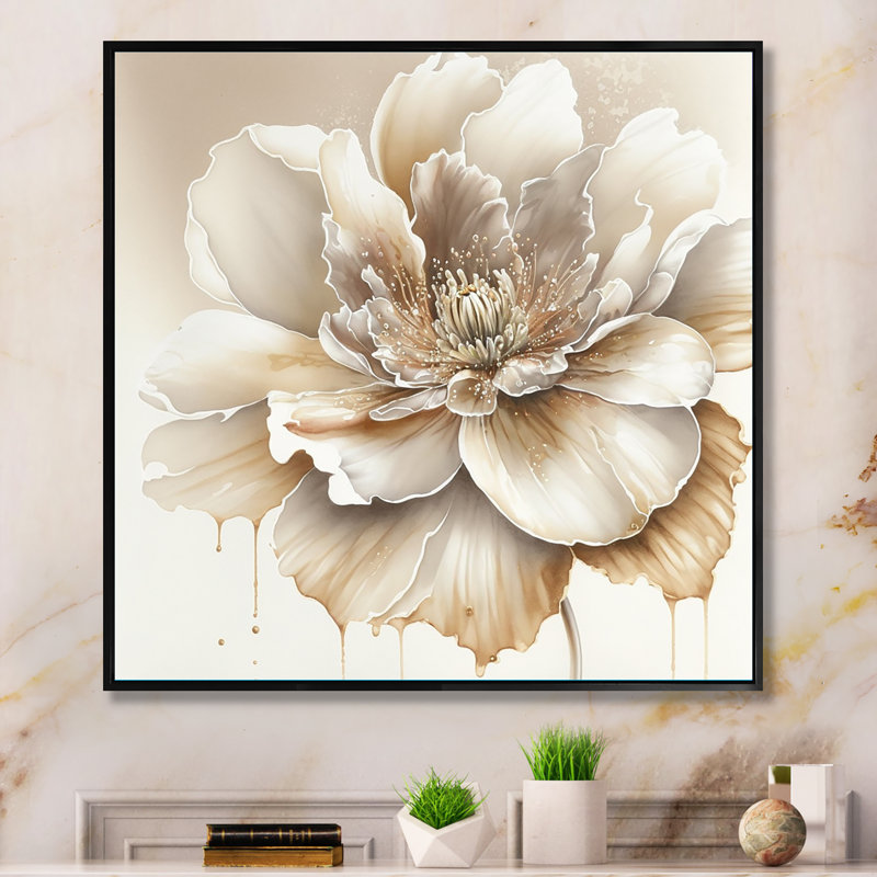 Blooming Beige Floral Design II - Art mural sur toile floral et botanique, H 16 po x l 16 po x P 1 po, Cadre flottant noir