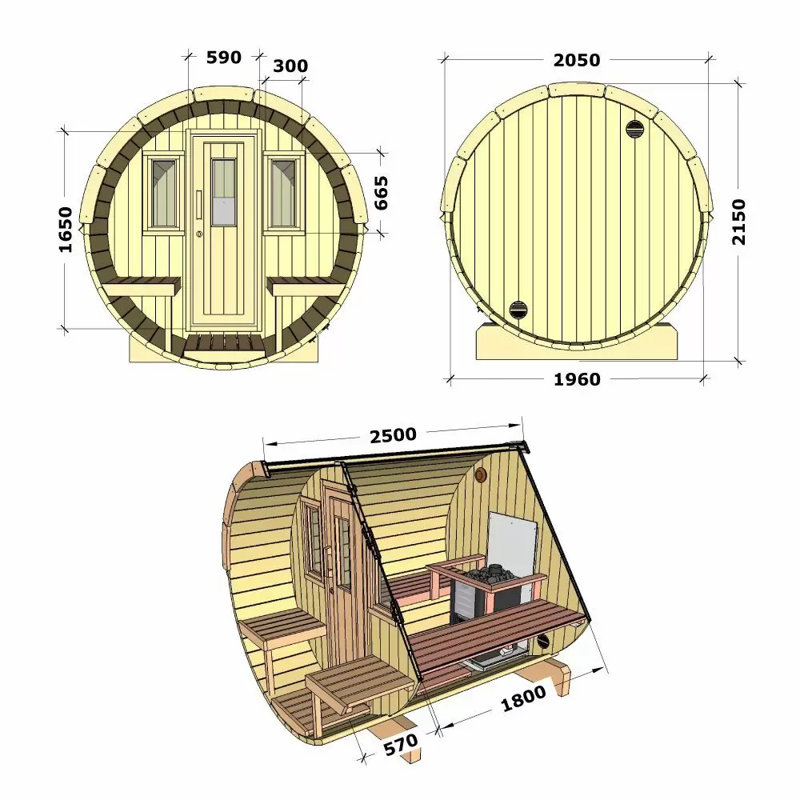 Barrel Sauna 250 inc. Log Burner Heater, Grey