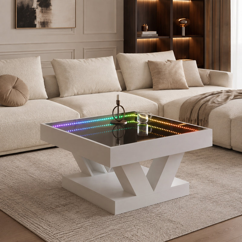 Table basse moderne de 70 cm (27,56 po) avec miroir infini DEL, éclairage RVB, rangement et plateau en verre trempé, blanc