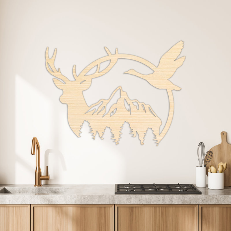 Cercle d'art mural avec montagnes, arbres, cerfs et oies - ACM, H 24 po x l 32 po x P 0,25 po, Noir