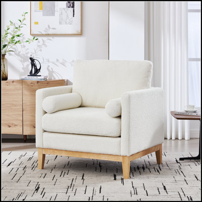 Large fauteuil d'appoint de style campagne moderne avec pieds en bois naturel, tissu confortable et deux traversins pour le salon et le bureau