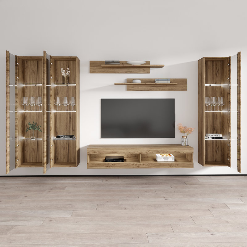 120" Modern Floating Wall Mounted Entertainment Center with 16-Color LED Lighting, High Gloss Finish, Oak