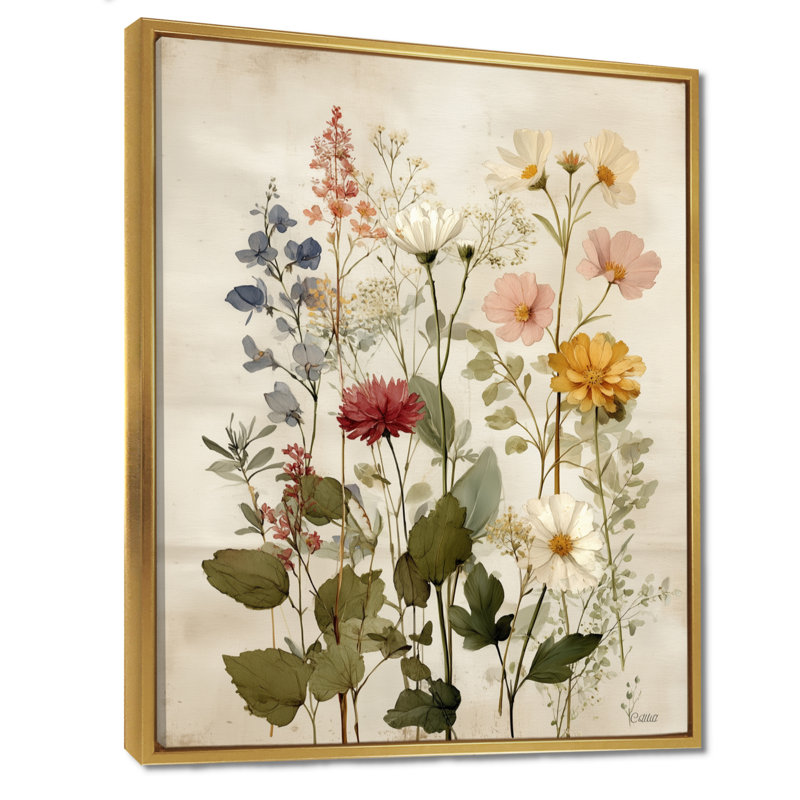 Art rétro sur toile, fleurs sauvages, H 32 po x l 24 po, Cadre flottant, Doré