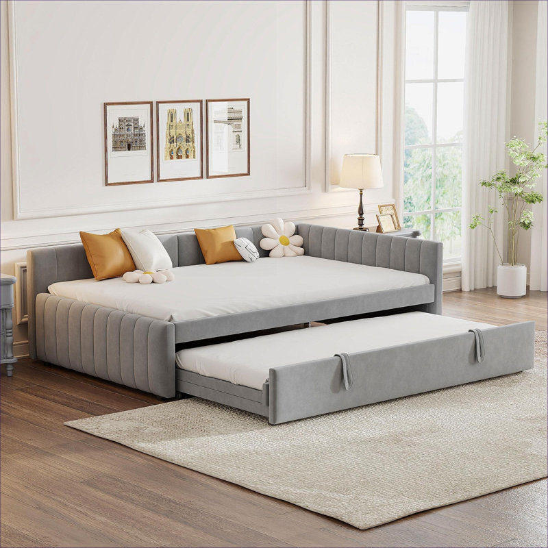 Guest Room and Sleepover Use Modern Striped L-Shaped Upholstered Daybed with Pop-Up Twin Trundle, Slate Gray, Gray