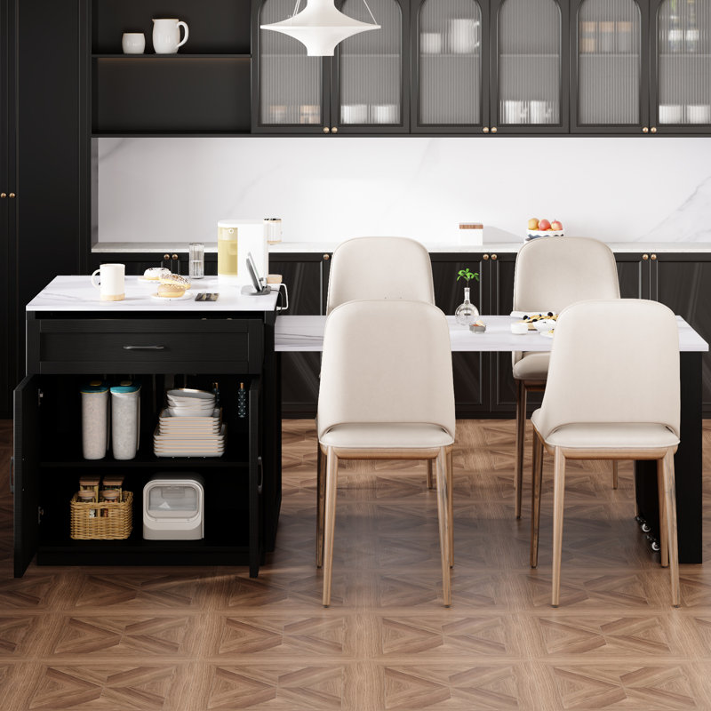 Îlot de cuisine avec table extensible pour 4 à 6 personnes, armoire noire, double rangement, 1 port, 2 tablettes ouvertes latérales modernes, tiroirs, comptoir en faux marbre, roues verrouillables
