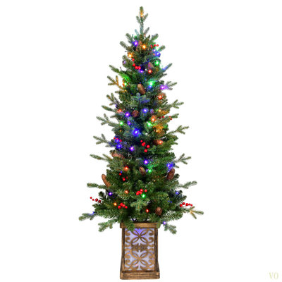 4FT Pre-Lit  Christmas Tree With Glitter Base – 100 Multicolor LED Lights, 396 Tips,  Berries & Pine Cones, PE/PVC Full Branches, Festive Light-Up Pot