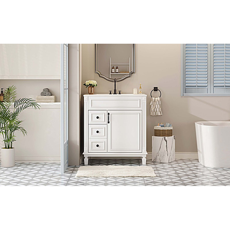 Armoire de salle de bain 30 po avec lavabo en céramique 30 po et 2 tiroirs, Blanc