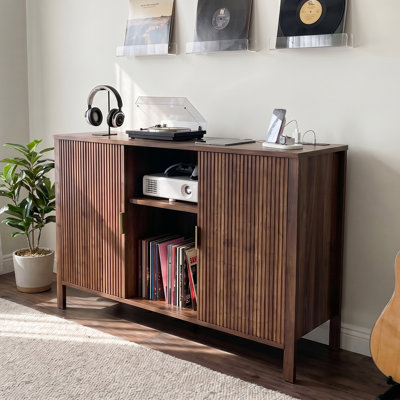 Record Player Stand with Vinyl Storage Cabinet, Turntable Stand Table with Charging Station, 47.3"x15.7"x31.1"H, Walnut