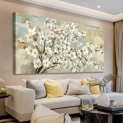 Flowers Canvas Wall Art - Beige Flower Branches Pictures Wall Decor Rustic Brown Botanical Painting Artwork Elegant Floral Prints For Living Room Bedroom Home Decor Ready To Hang 48 X 24In