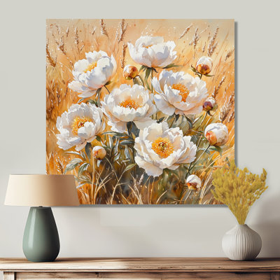 Pivoines dans un champ d'automne chaleureux I - pivoines, art mural large