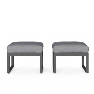 Of 2 26" Patio Ottomans With Thick Gray Cushions, Rust- Aluminum Design, Quick Setup For Balcony Use All-Weather Frame, Versatile Extra Seating Or Side Tables