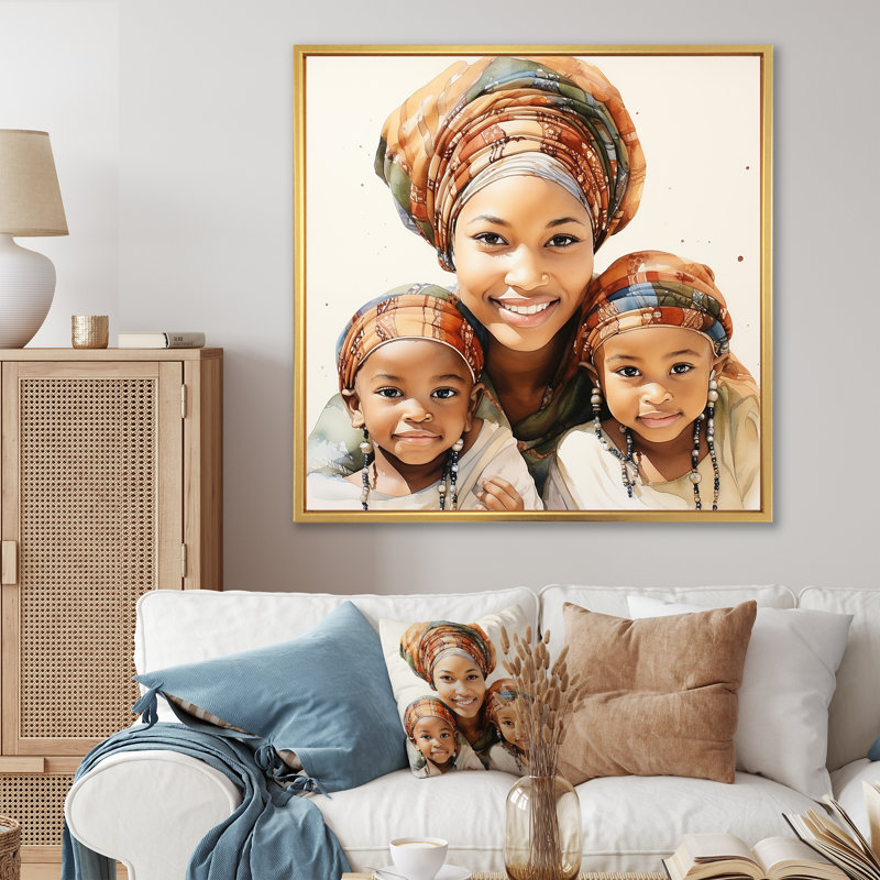 «African Family Heritage II» - Art mural afro-américain, Cadre flottant doré, 30" H x 30" W