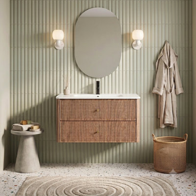 36" Wall Mounted Single Bathroom Vanity With Sink Top, Mid-Century Modern Fluted Wood Floating Vanity Cabinet with Curved Corners, 2 Soft-Close Drawers