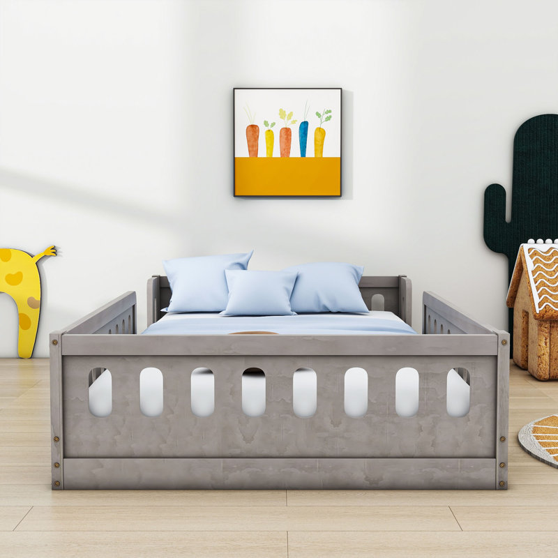  Lit plateforme simple en bois avec garde-corps Kalah, Naturel