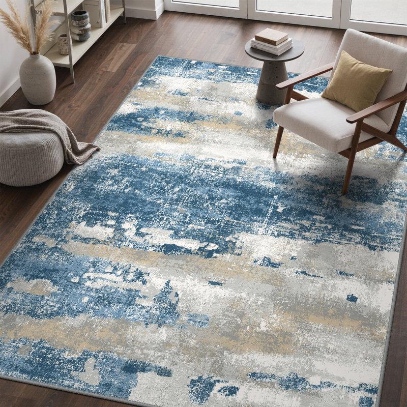  Pavelina Blue Abstract Modern Machine Washable Non-Slip Area Rug, Rectangle 5' x 7'