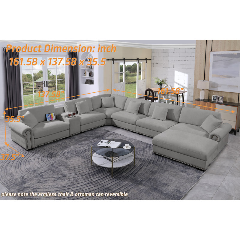 Modular 7-seater Sofa Ottoman Chaise Setcional with Cup Holders, Light Gray Chenille
