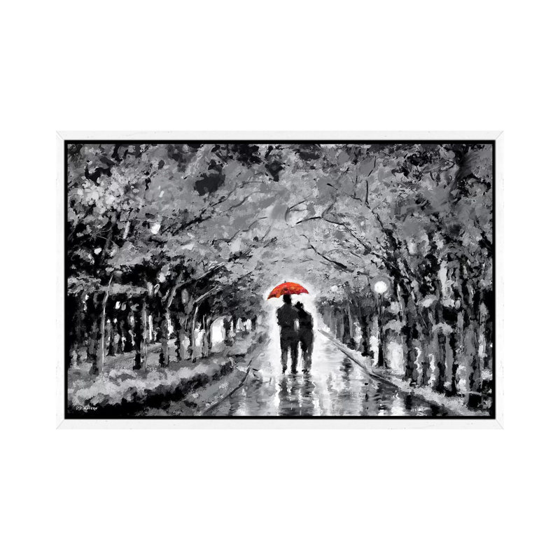Park In Love Red Umbrella by P.D. Moreno - Painting on Canvas, 45.72cm H x 66.04cm W x 3.81cm D, White Floater Framed