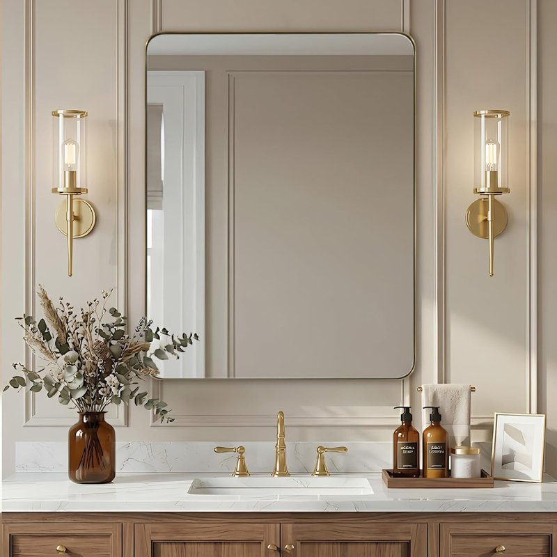 Miroir de salle de bain Inse Cadre en acier inoxydable, Or brossé, 36 po x 28 po