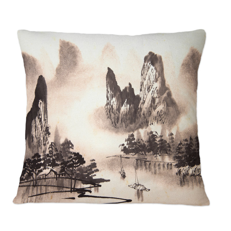 Paysage d'eau monochrome chinois - Coussin décoratif à imprimé traditionnel, 16 po x 16 po