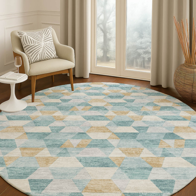 Machine Washable Indoor/Outdoor Chantille ACN2694 Geometric Rug, Sarcelle, Rond 8 pi